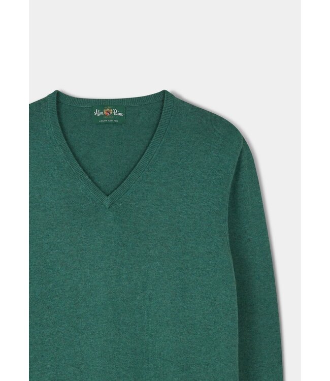 Alan Paine Trui, V-Hals, Luxury Cotton Cashmere, Moorland Groen