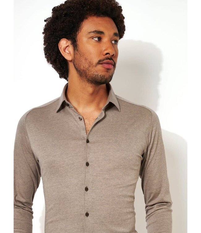 Desoto Heren, Jersey Overhemd, Lange Mouw, Kent Kraag, Italian Brown Piqué