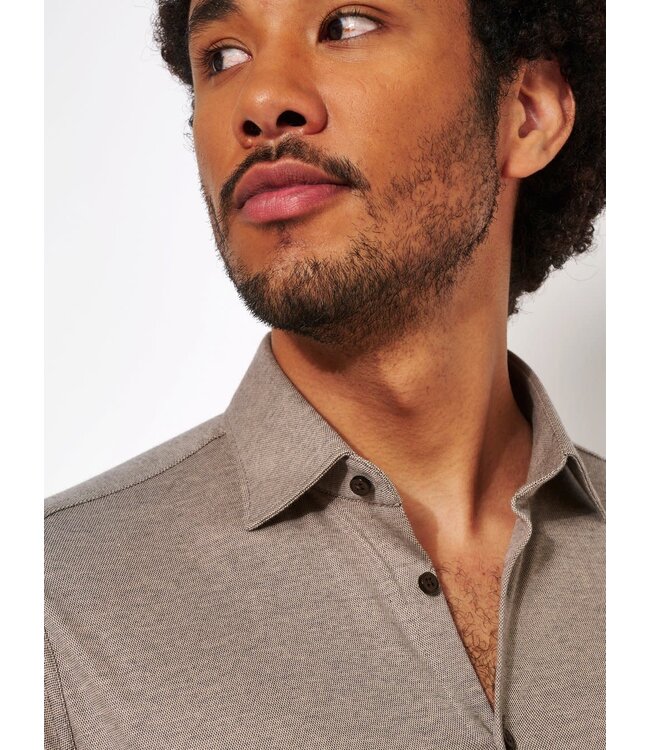 Desoto Heren, Jersey Overhemd, Lange Mouw, Kent Kraag, Italian Brown Piqué