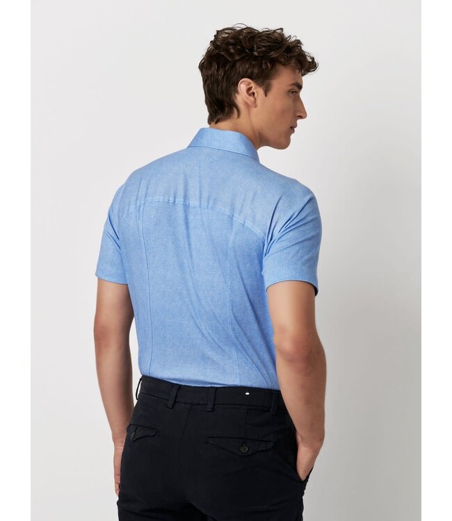 Desoto Jersey Overhemd/Shirt, Korte Mouw, Kent Kraag,  Blauw Gemeleerd