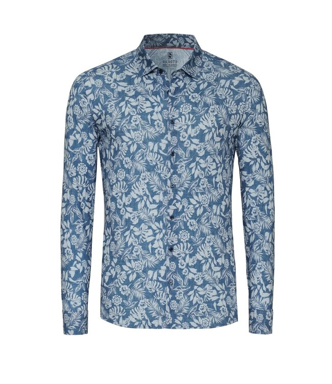 Desoto Heren, Jersey Overhemd, Lange Mouw, Kent Kraag, Denim Blauw Bloemprint