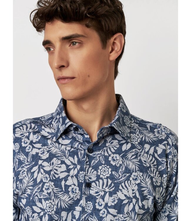 Desoto Heren, Jersey Overhemd, Lange Mouw, Kent Kraag, Denim Blauw Bloemprint