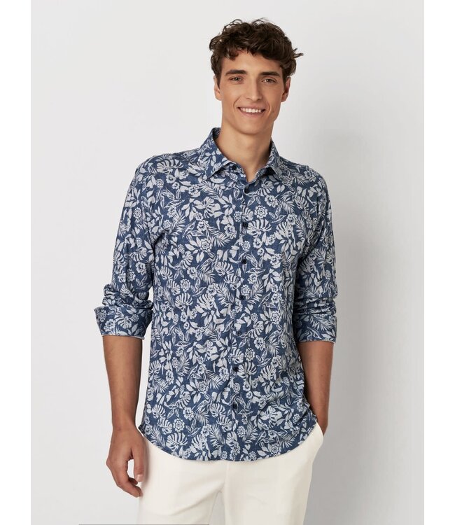 Desoto Heren, Jersey Overhemd, Lange Mouw, Kent Kraag, Denim Blauw Bloemprint