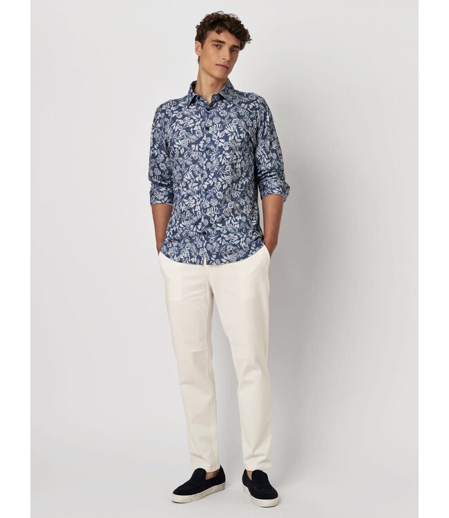 Desoto Heren, Jersey Overhemd, Lange Mouw, Kent Kraag, Denim Blauw Bloemprint