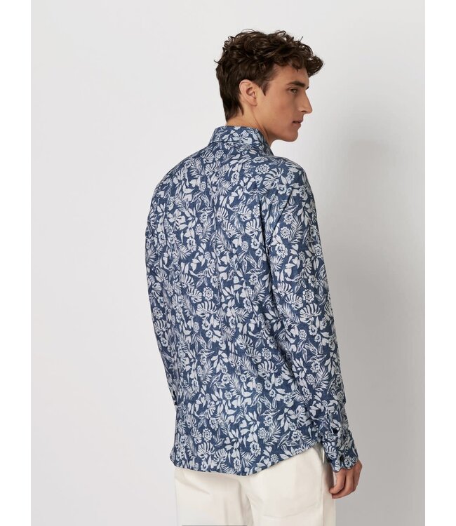 Desoto Heren, Jersey Overhemd, Lange Mouw, Kent Kraag, Denim Blauw Bloemprint