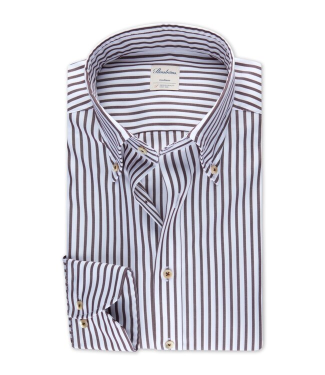 Stenstroms Stenstroms, Overhemd, Lange Mouw, Casual, Oxford, Katoen, BD Kraag, Bruin, Wit, Gestreept, Slimline