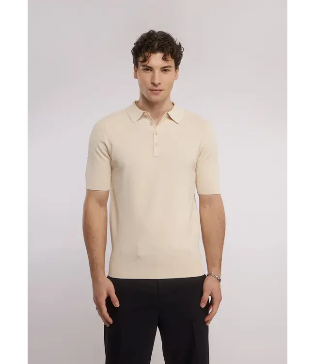 Aeden Polo, Diagonale Structuur, Gebreid, Korte Mouw, Zandkleur