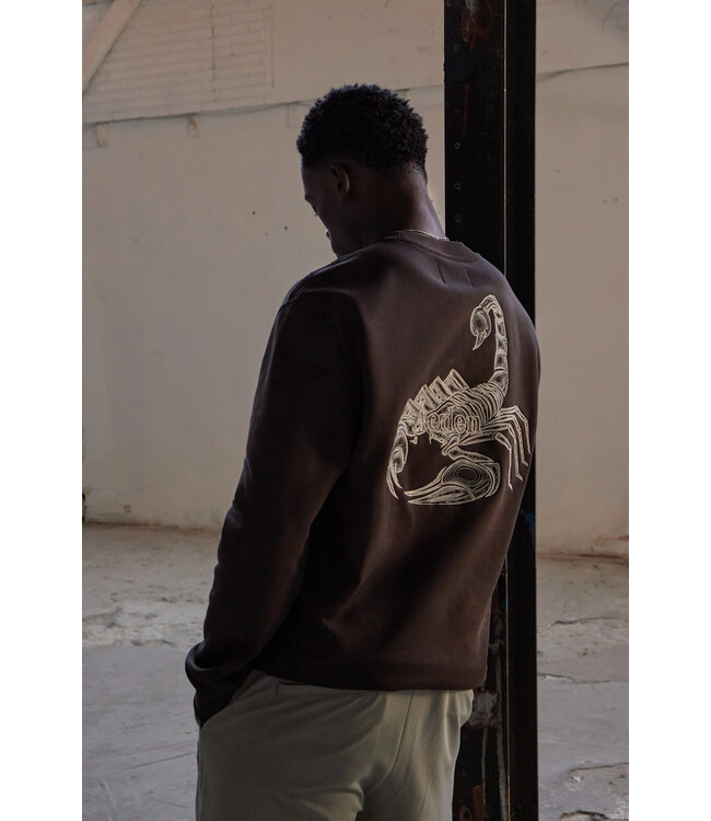 Aeden Sweater, Katoen, Oversized, Korte Mouw, Scorpion Rugprint, Donkerbruin