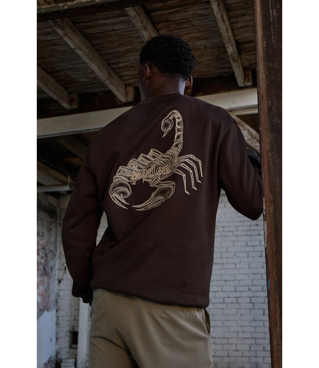 Aeden Sweater, Katoen, Oversized, Korte Mouw, Scorpion Rugprint, Donkerbruin