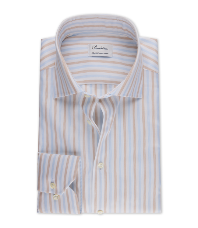 Stenstroms Overhemd, Lange Mouw, Twill Katoen, Wit, Lichtblauw, Beige, Gestreept, Slimline