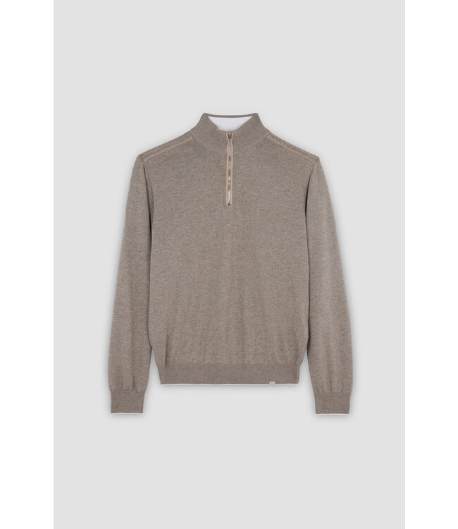 Paul & Shark Half Zip Trui, Katoen en Cashmere Mix, Beige met beige Lederen Accenten