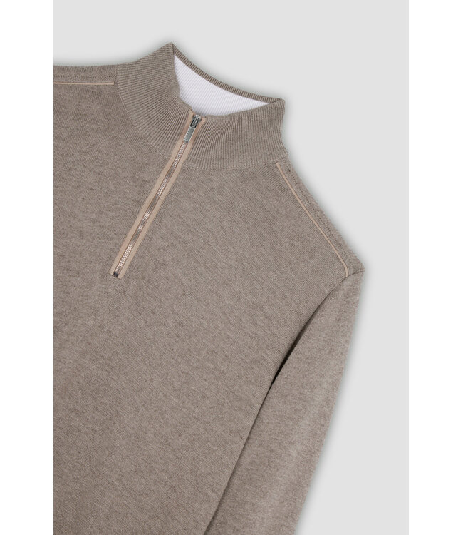 Paul & Shark Half Zip Trui, Katoen en Cashmere Mix, Beige met beige Lederen Accenten
