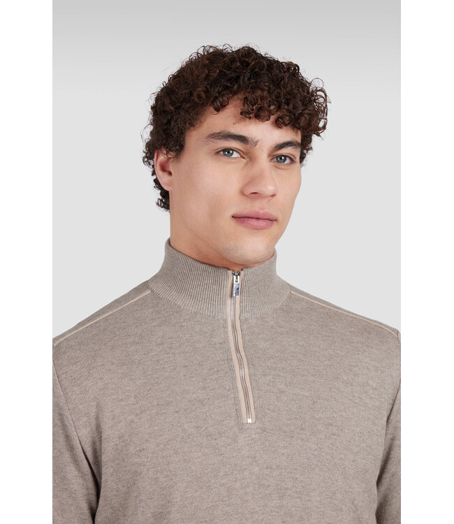 Paul & Shark Half Zip Trui, Katoen en Cashmere Mix, Beige met beige Lederen Accenten