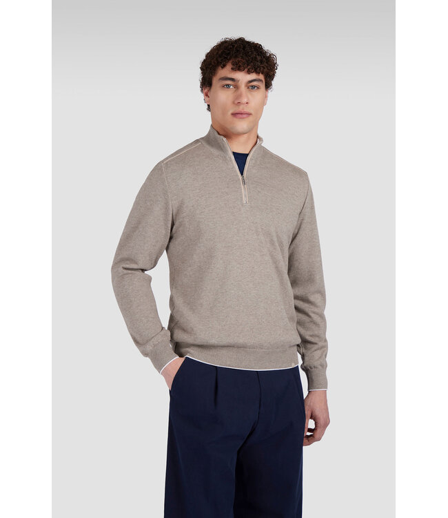 Paul & Shark Half Zip Trui, Katoen en Cashmere Mix, Beige met beige Lederen Accenten