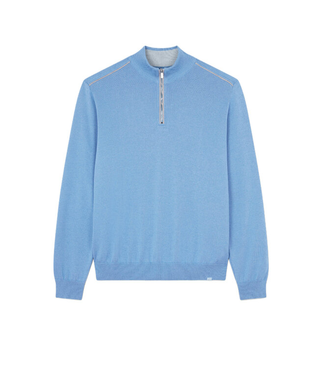 Paul & Shark Half Zip Trui, Katoen en Cashmere mix, Lichtblauw met Grijs Lederen Accenten