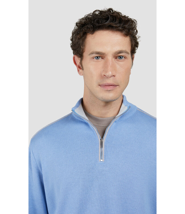 Paul & Shark Half Zip Trui, Katoen en Cashmere mix, Lichtblauw met Grijs Lederen Accenten
