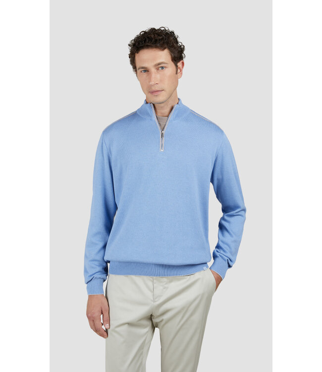 Paul & Shark Half Zip Trui, Katoen en Cashmere mix, Lichtblauw met Grijs Lederen Accenten