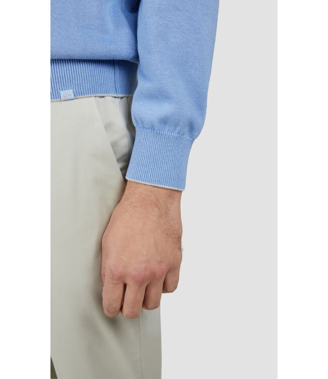 Paul & Shark Half Zip Trui, Katoen en Cashmere mix, Lichtblauw met Grijs Lederen Accenten