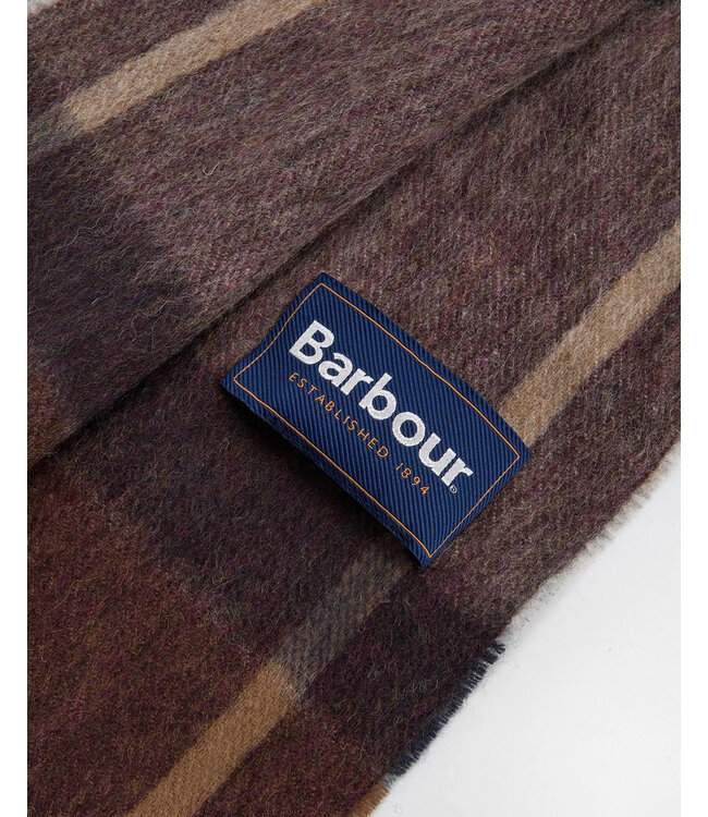 Barbour Sjaal, Lamswol, Beige, Bruin, Blauw, Grijs Geruit, Midnight Oak Tartan