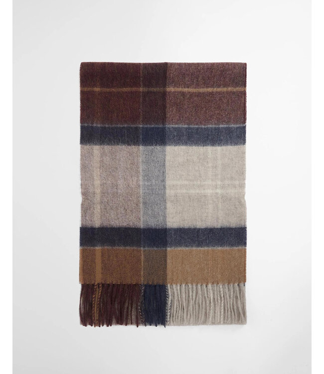 Barbour Sjaal, Lamswol, Beige, Bruin, Blauw, Grijs Geruit, Midnight Oak Tartan