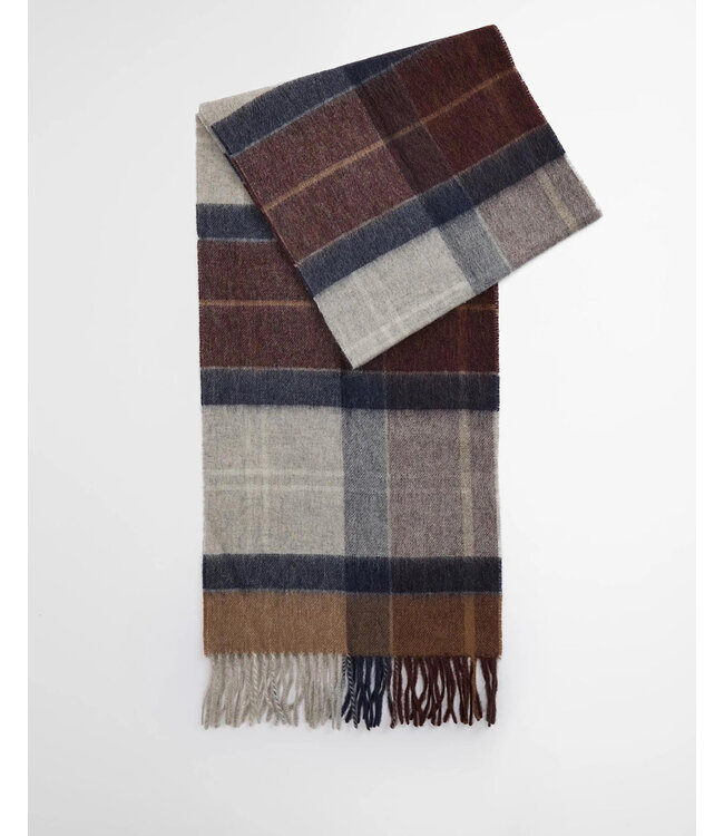 Barbour Sjaal, Lamswol, Beige, Bruin, Blauw, Grijs Geruit, Midnight Oak Tartan