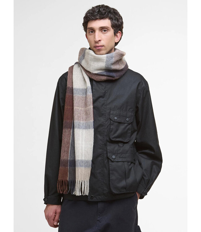 Barbour Sjaal, Lamswol, Beige, Bruin, Blauw, Grijs Geruit, Midnight Oak Tartan