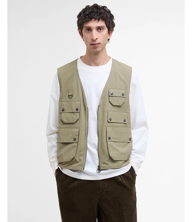 Barbour Bodywarmer met Rits en meerdere Zakken, Utility Editor Casual Vest, British Khaki