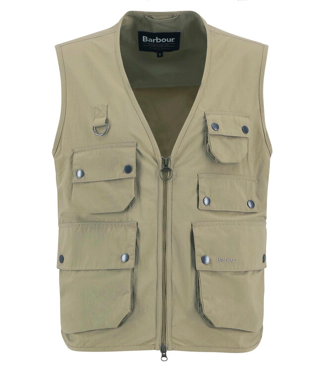 Barbour Bodywarmer met Rits en meerdere Zakken, Utility Editor Casual Vest, British Khaki