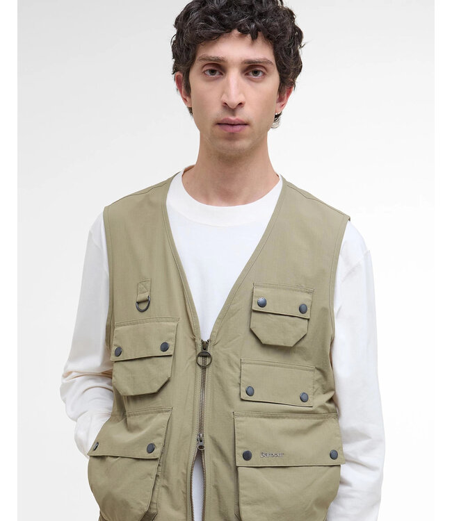 Barbour Bodywarmer met Rits en meerdere Zakken, Utility Editor Casual Vest, British Khaki