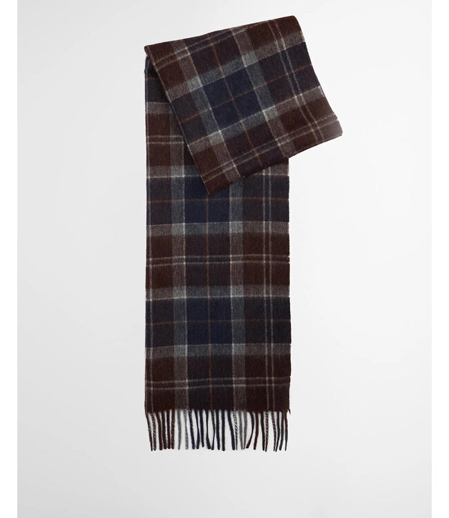 Barbour Sjaal, Tartan Scarf, Lamswol, Bruin, Grijs, Blauw Geruit, Midnight Oak