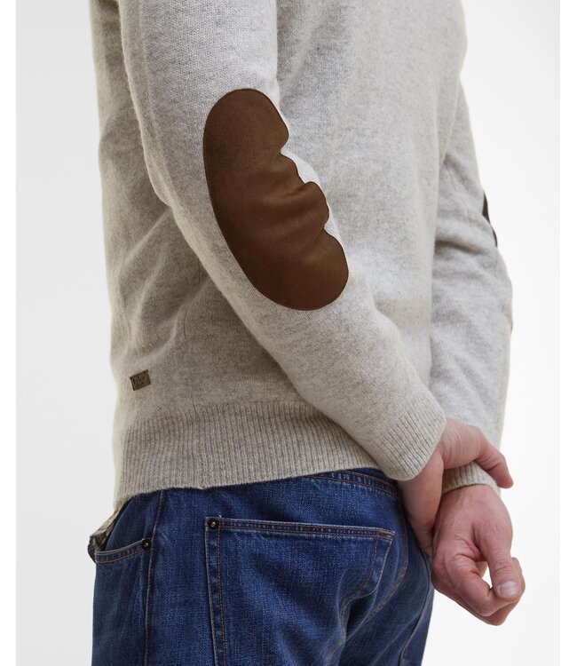 Barbour Trui, Lamswol, Lichtgrijs Gemeleerd, Ronde Hals, Elleboog Patch