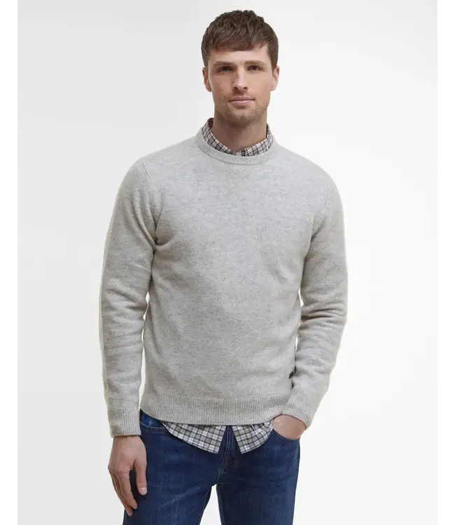 Barbour Trui, Lamswol, Lichtgrijs Gemeleerd, Ronde Hals, Elleboog Patch