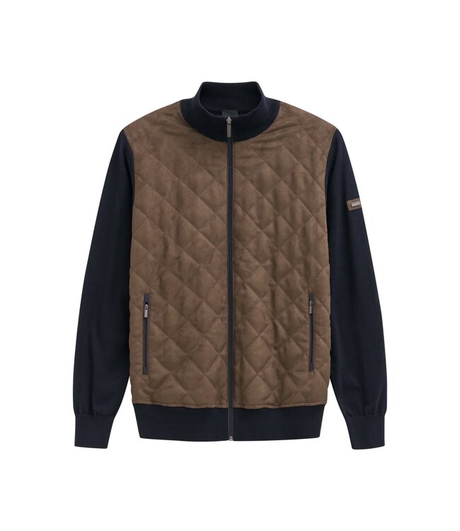 Bugatti Vest met Rits, Katoen Mix, Donkerblauw met Bruin Velour Ruit Front