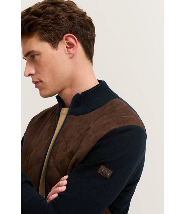 Bugatti Vest met Rits, Katoen Mix, Donkerblauw met Bruin Velour Ruit Front