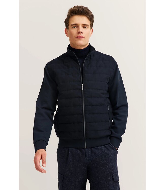 Bugatti Vest met Rits, Katoen Mix, Horizontaal Gestept, Donkerblauw