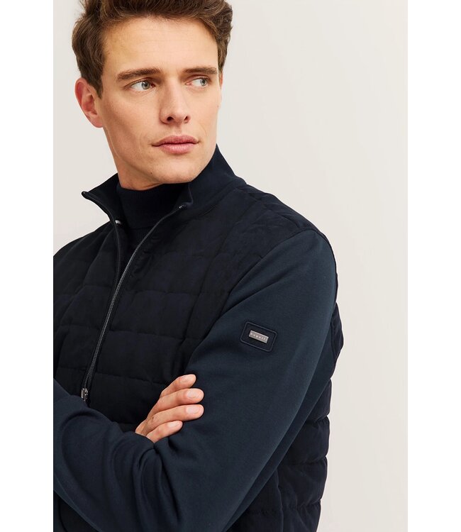 Bugatti Vest met Rits, Katoen Mix, Horizontaal Gestept, Donkerblauw