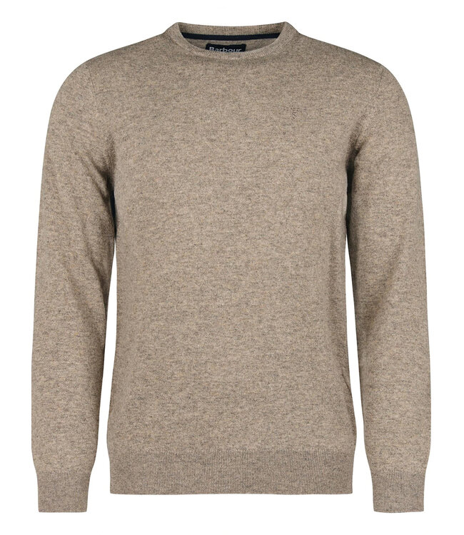 Barbour Trui, Essential, Lamswol, Beige Gemeleerd, Ronde Hals, Colour Fossil