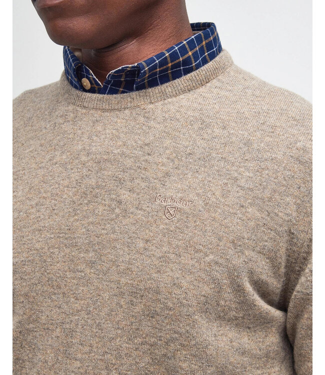 Barbour Trui, Essential, Lamswol, Beige Gemeleerd, Ronde Hals, Colour Fossil