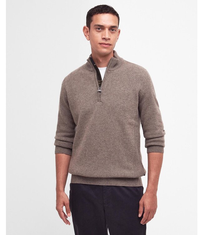 Barbour Half-Zip Trui, Taupe Gemeleerd, Tartan Accenten