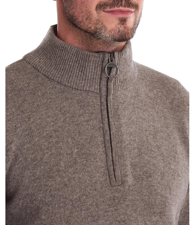Barbour Half-Zip Trui, Taupe Gemeleerd, Tartan Accenten