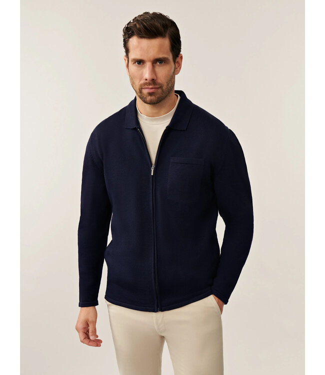 Cavallaro Napoli Vest met Polo Kraag en Rits, Wol Mix,  Donkerblauw