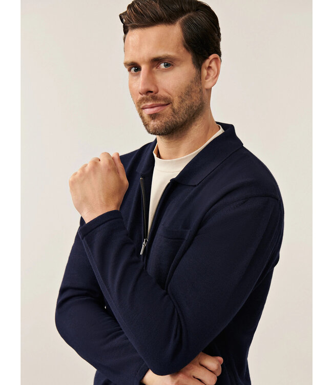 Cavallaro Napoli Vest met Polo Kraag en Rits, Wol Mix,  Donkerblauw