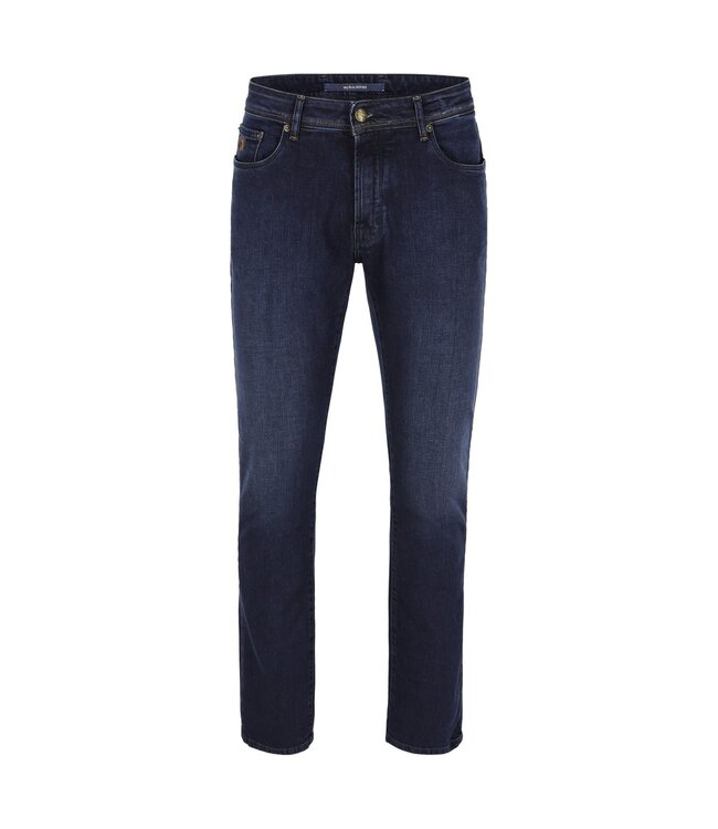 Atelier Noterman Five Pocket, Jeans, Stretch, Denim, Donkerblauw, Stiksel Bruin