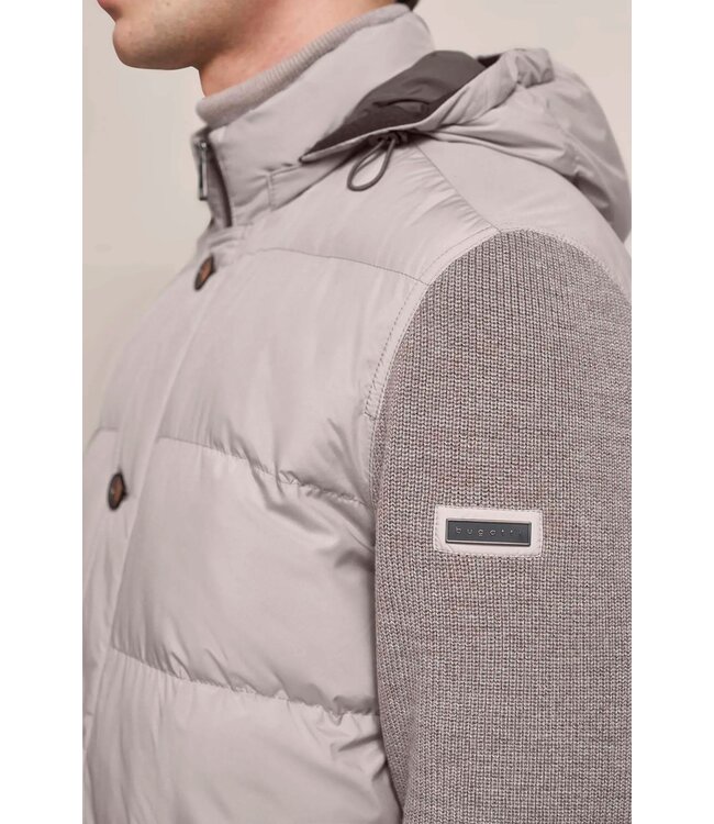 Bugatti Vest met Rits, Windstopper, Horizontaal Gestept Front, Wol Mix, Capuchon afritsbaar, Taupe