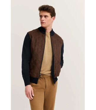 Bugatti Bugatti, Vest met Rits, Katoen Mix, Donkerblauw met Bruin Alcantara Ruit Front