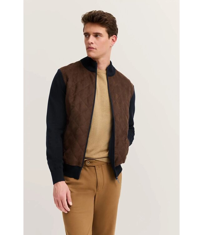 Bugatti Vest met Rits, Katoen Mix, Donkerblauw met Bruin Velour Ruit Front