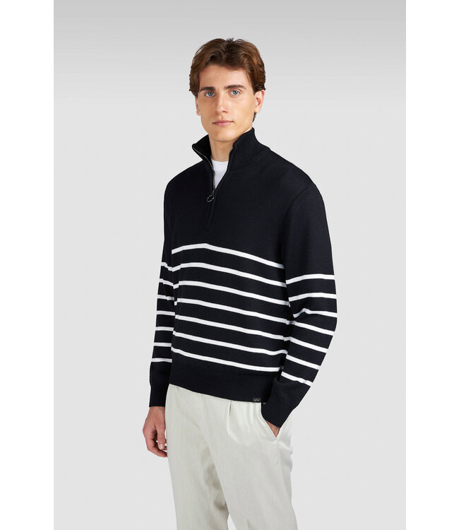Paul & Shark Trui, Half-Zip, Soft Cool Touch Wol, Blauw Wit Gestreept