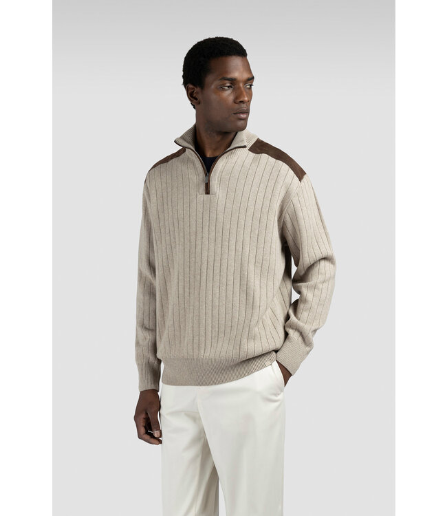 Paul & Shark Trui, Half-Zip, Wol/Cashmere Mix, Suede Details, Beige
