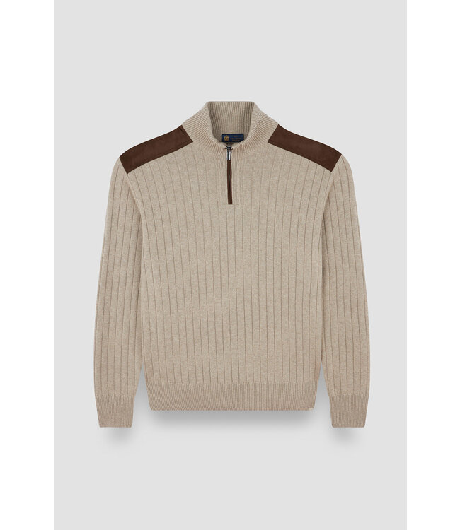 Paul & Shark Trui, Half-Zip, Wol/Cashmere Mix, Suede Details, Beige