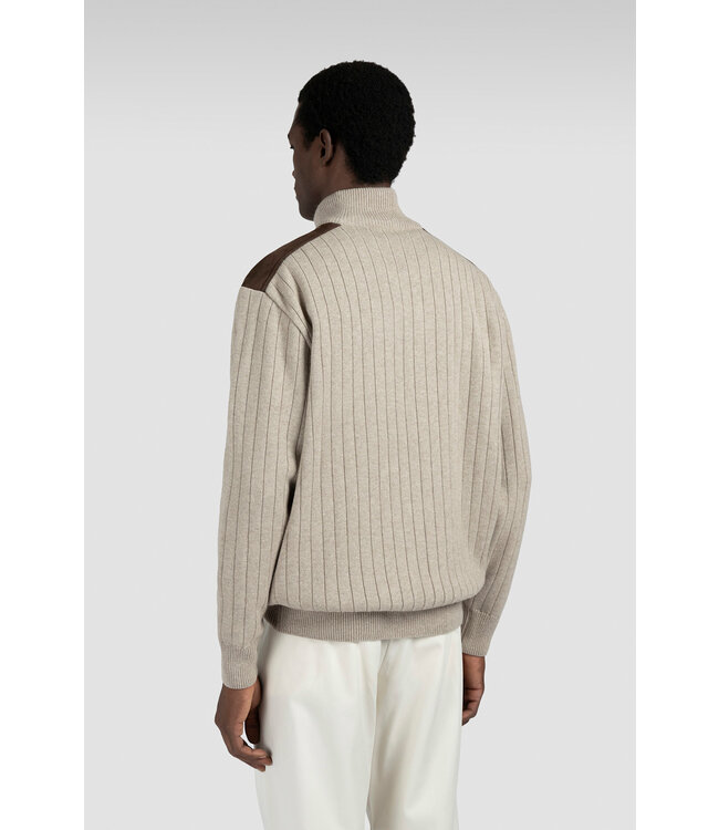 Paul & Shark Trui, Half-Zip, Wol/Cashmere Mix, Suede Details, Beige